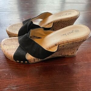 Just Be Wedge Sandals Womens Sz 8 Black Tan Open Toe Comfort Cross Strap Slip On